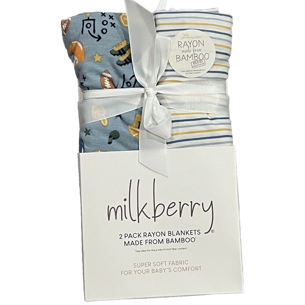 Milkberry Swaddling Blankets Blue Sports Football Stripes Newborn Rayon Bamboo